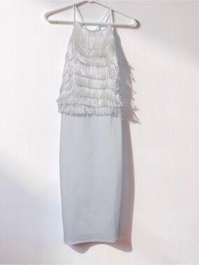 HALSTON White Fringe Halter Midi Dress Bloomingdale’s Exclusive Cocktail Dress